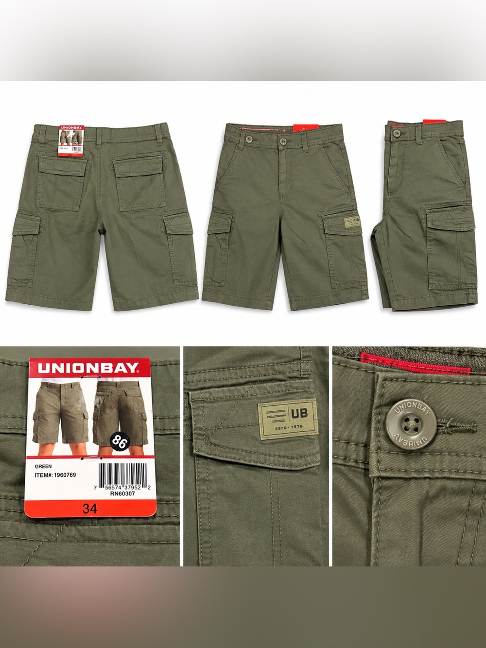 Unionbay Mens Green Cargo Shorts Size 34 NWT 1960769 Cotton Twill Multi-Pocket